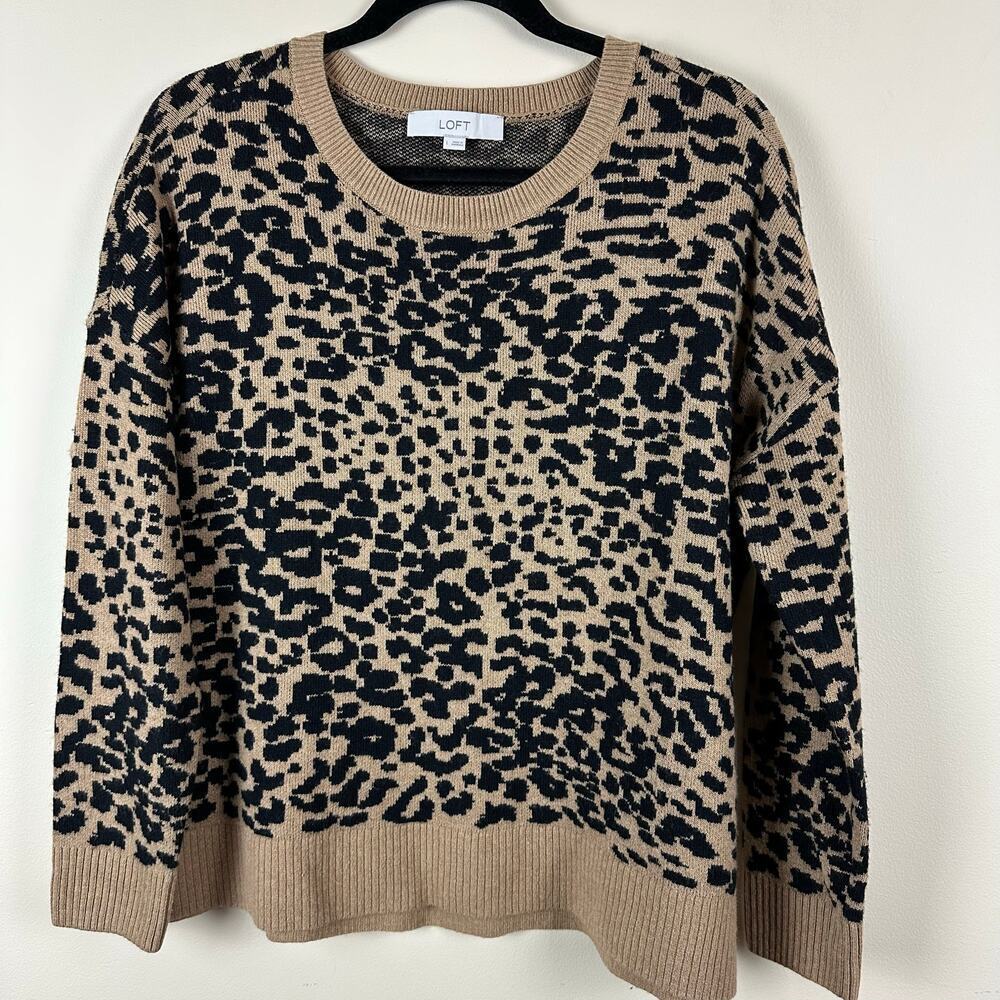 LOFT Animal Print Boxy Relaxed Sweater Size‎ L Wool blend Neutral Layers Leopard